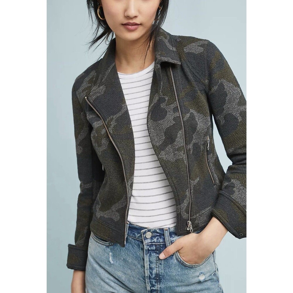 Anthropologie Camo Moto Motorcycle Jacket Asymmetrical Zip Gray Green Size L